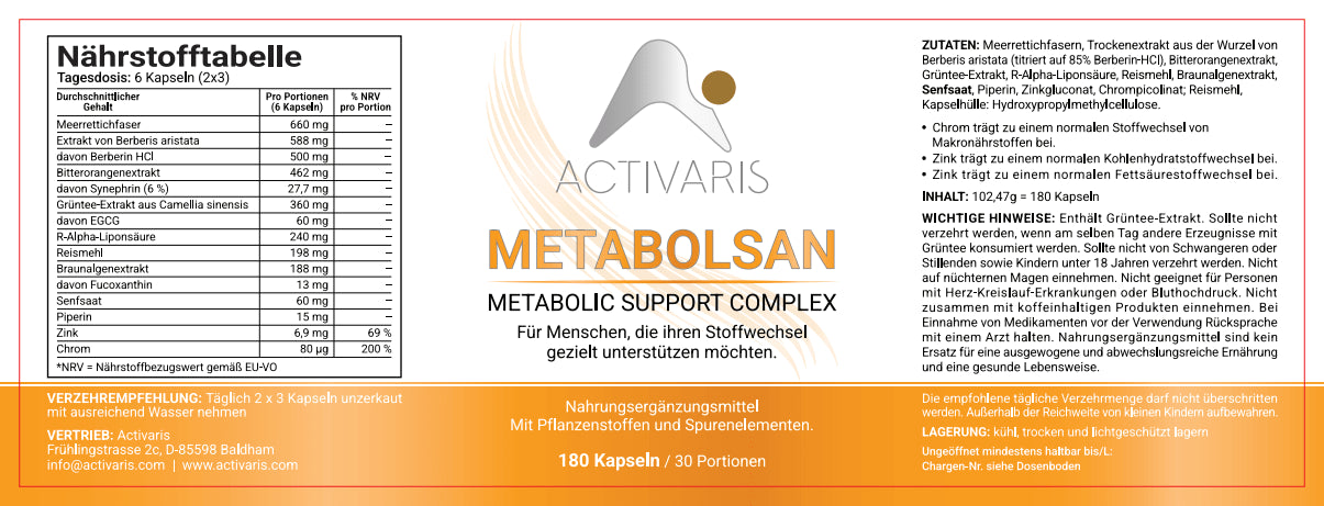 Activaris®- Metabolsan 180 Kapseln (30 Portionen)